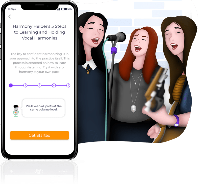 Three people singing and performing together using the Harmony Helper app