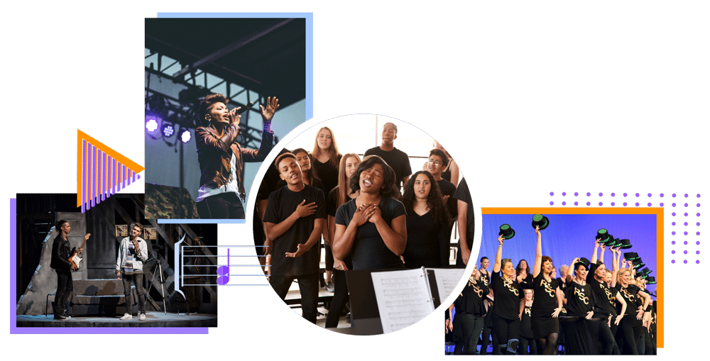 Choir and barbershop groups singing and performing on stage